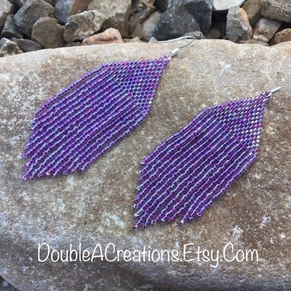 Purple Rainbow Lined Beaded Earrings with Fringe, New, Handmade By Me - Picture 4 of 7